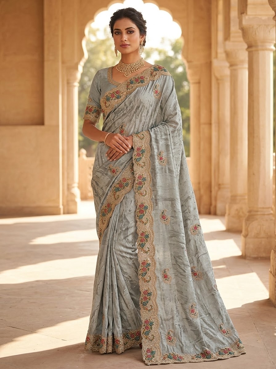 Light Grey - Fancy Party Saree with Blouse Piece - UK stock - 24hr Dispatch - SP2610 VK