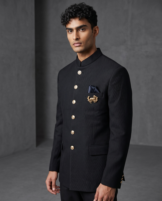Size 38" Chest - Black - PREMIUM Slim Fit Mens Jute BandhGala / Prince / Chinese Collar Jacket - Fantastic Fit - CS2603 TH
