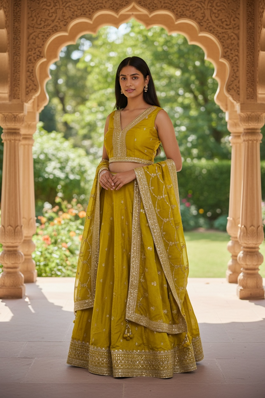 Size UK 14 (40" Bust) Adjustable to Size 16 - Haldi Yellow - Banarasi Brocade Silky Lehenga Set - Mehndi / Sangeet / Bridesmaids / Weddings / Garba  - UK Stock - 24h Dispatch - OC561 07JV25