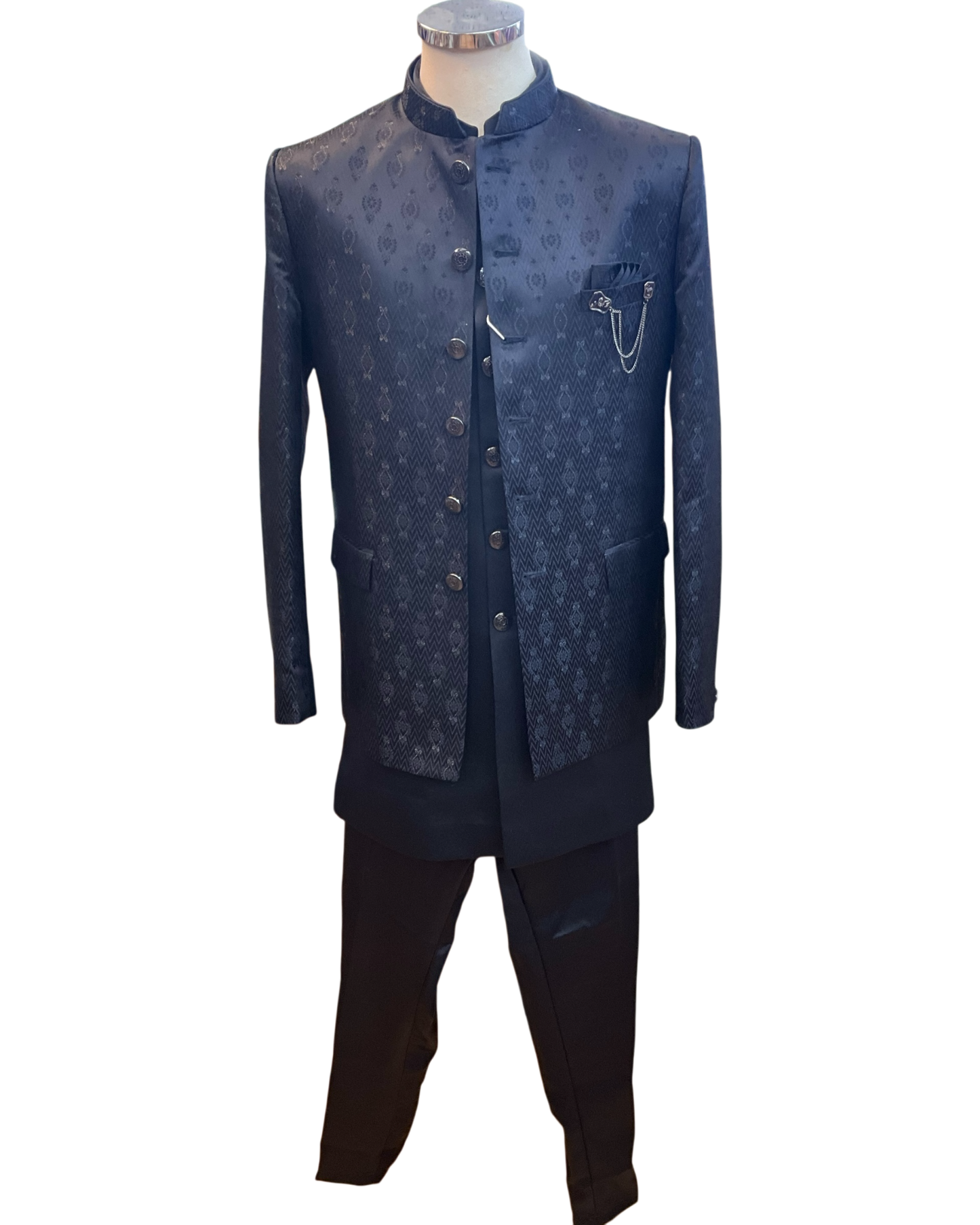 Navy Blue - PREMIUM Slim Fit Mens Self Brocade BandhGala / Prince / Chinese Collar Jacket with Long inside Waistcoat - Fantastic Fit - CS2505 03PY25