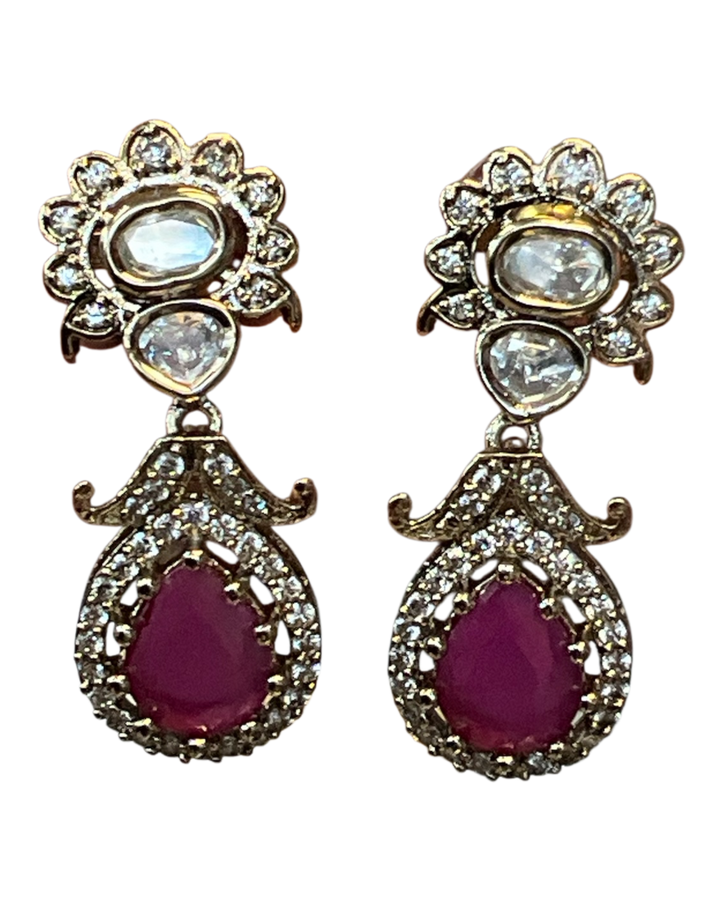 Dark Pink - Small - Antique Gold Finish Traditional Earrings - Bollywood - Weddings - 15ER715 07J26