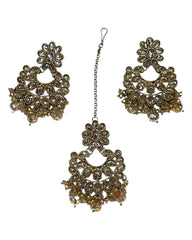 Champagne / Crystal - Large Size Antique Gold Finish Long Necklace Set with Earrings - RAK408 KY 0525