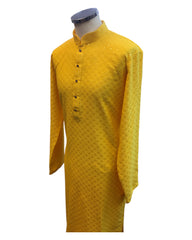 Haldi Yellow - Locknawi Chikankari Chiffon Self Brocade Mens Indian Kurta set - Weddings / Walimas , Sangeet, Mehndi / Henna , Eid / Diwali - BS2505 01TY25