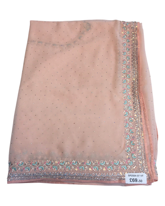 Peach - Chiffon - Party Wear Embroidiered Saree with Blouse Piece - SP250407 VT 0425