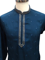 Teal Blue - Cotton  Silk Mens Kurta Set with Thread Embroidery- Sangeet Mehendi Haldi Weddings- KCS1041 VK 1123