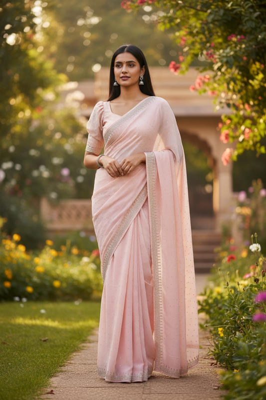 Baby Pink  - Fancy Embroidered Saree with Blouse Piece - UK stock - 24hr Dispatch - SP250612 KC