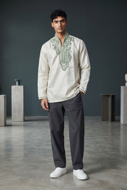 SALE! Size 42" - White - Mens Brocade Kurta Top with Light Green Bead and Stone Embroidery - SALE2601