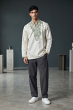 SALE! Size 42" - White - Mens Brocade Kurta Top with Light Green Bead and Stone Embroidery - SALE2601