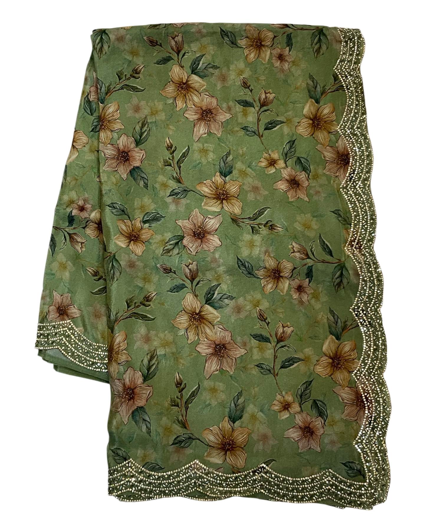 Sage Green - Printed Crepe Silky Saree with Blouse Piece - UK stock - 24hr Dispatch - RS2527 TJ