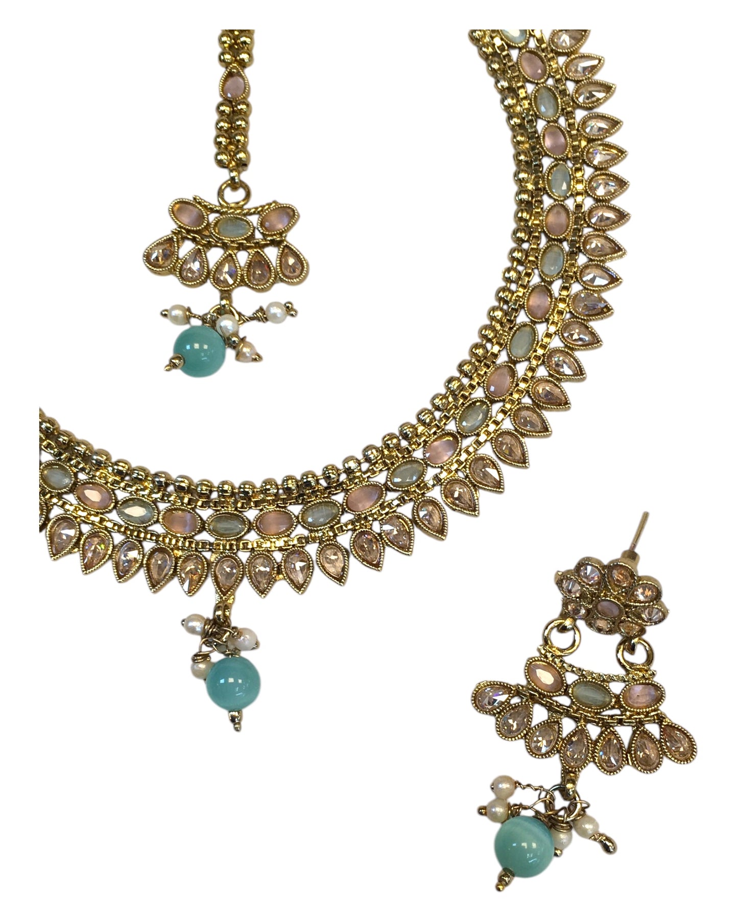 Peach / Sea Green - Antique Gold Finish Necklace & Earrings Set - Bollywood - Weddings - HR1015 11C24
