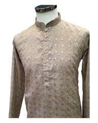 Beige - Linen Mirror Work Mens Kurta Set - Sangeet Mehendi Haldi - NY2302 KT 1123