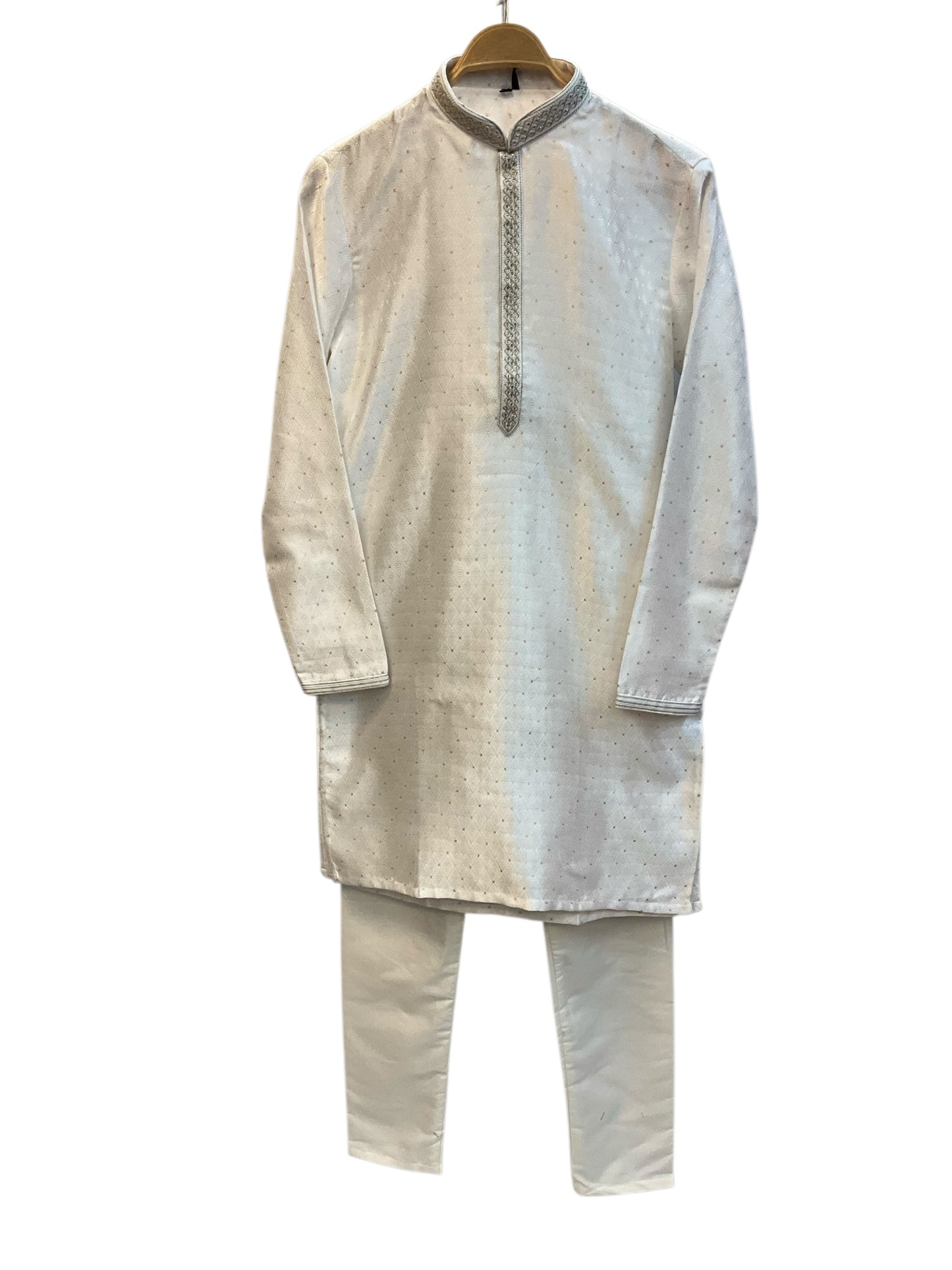 White  - Banarasi Handloom Brocade Mens Indian Kurta set - UK Stock - Weddings / Walimas , Sangeet, Diwali, Eid, Mehndi / Henna - VEE2488 VR