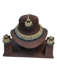 Navy Blue - Medium Size Antique Gold Finish Necklace Set with Earrings - RZ31 KYp