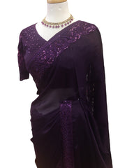 Purple - Crepe Silky Saree with Fancy Ready made Blouse - ANM12007 VA 1123