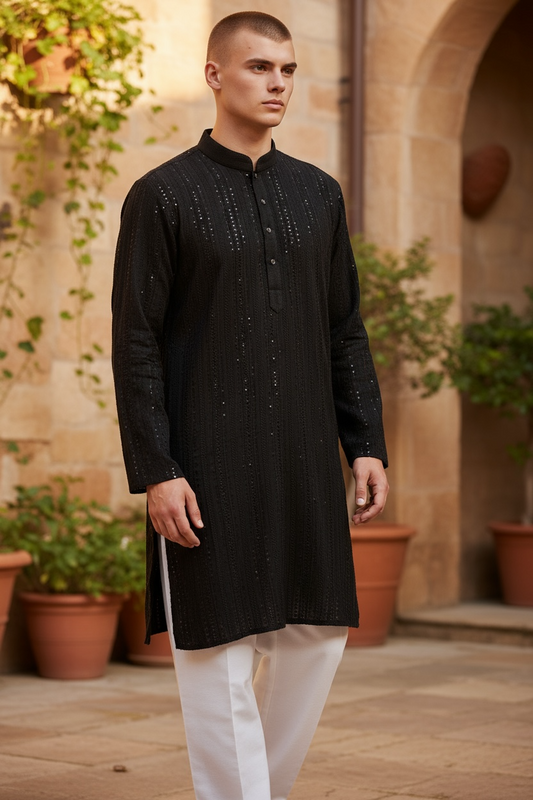 Black - Rich Sequins Lucknowi Chiffon Mens Indian Kurta Set with Smart Pants - Weddings / Walimas , Sangeet, Eid, Mehndi / Henna - YD2501 KC 0225