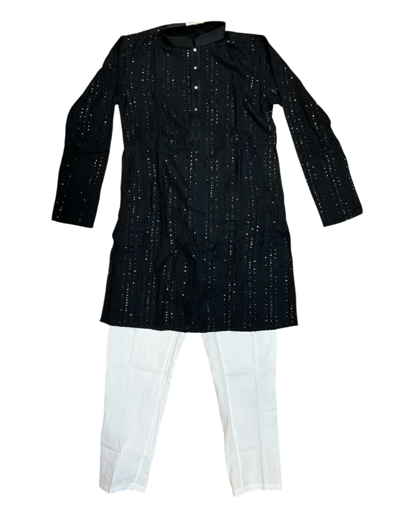 Black - Rich Sequins Lucknowi Chiffon Mens Indian Kurta Set with Smart Pants - Weddings / Walimas , Sangeet, Eid, Mehndi / Henna - YD2501 KC 0225