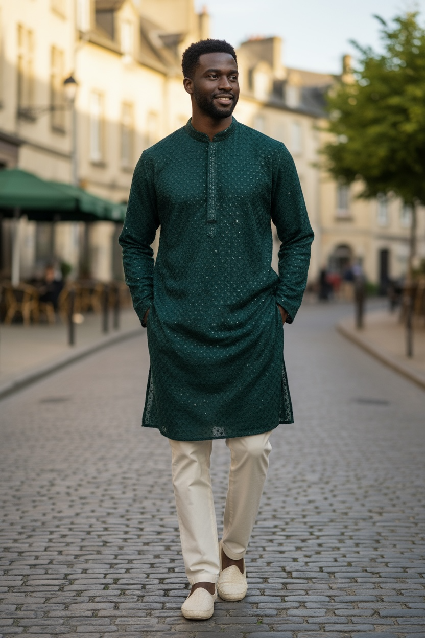 Bottle Green - Rich Sequins Lucknowi Chiffon Mens Indian Kurta Set with Smart Pants - Weddings / Walimas , Sangeet, Eid, Mehndi / Henna - YD2501 KC 0225