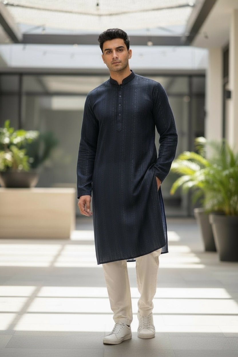Navy Blue - Rich Sequins Lucknowi Chiffon Mens Indian Kurta Set with Smart Pants - Weddings / Walimas , Sangeet, Eid, Mehndi / Henna - YD2501 KC 0225