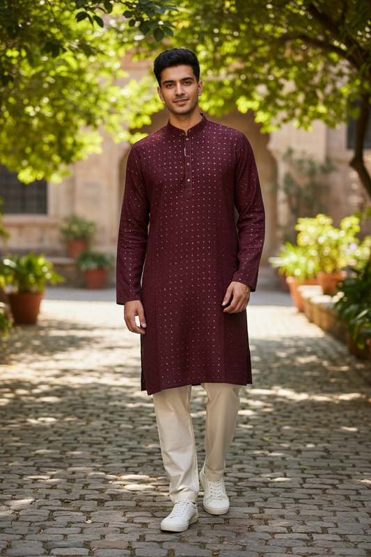 Wine Purple - Rich Sequins Lucknowi Chiffon Mens Indian Kurta Set with Smart Pants - Weddings / Walimas , Sangeet, Eid, Mehndi / Henna - YD2501 KC 0225