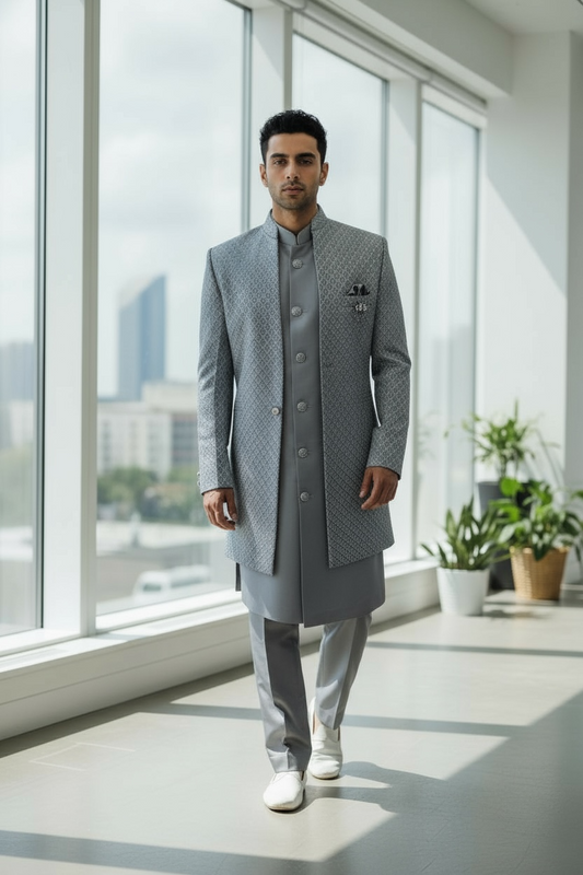 Grey - PREMIUM Mens Knee Length  Jacket with Long Waistcoat - Sherwani / Indo Western - Fantastic Fit - KCS6633 05RY25