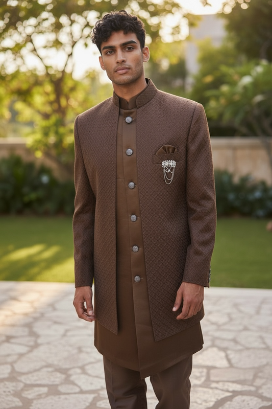 Chestnut Brown - PREMIUM Mens Knee Length  Jacket with Long Waistcoat - Sherwani / Indo Western - Fantastic Fit - KCS6633 05RY25
