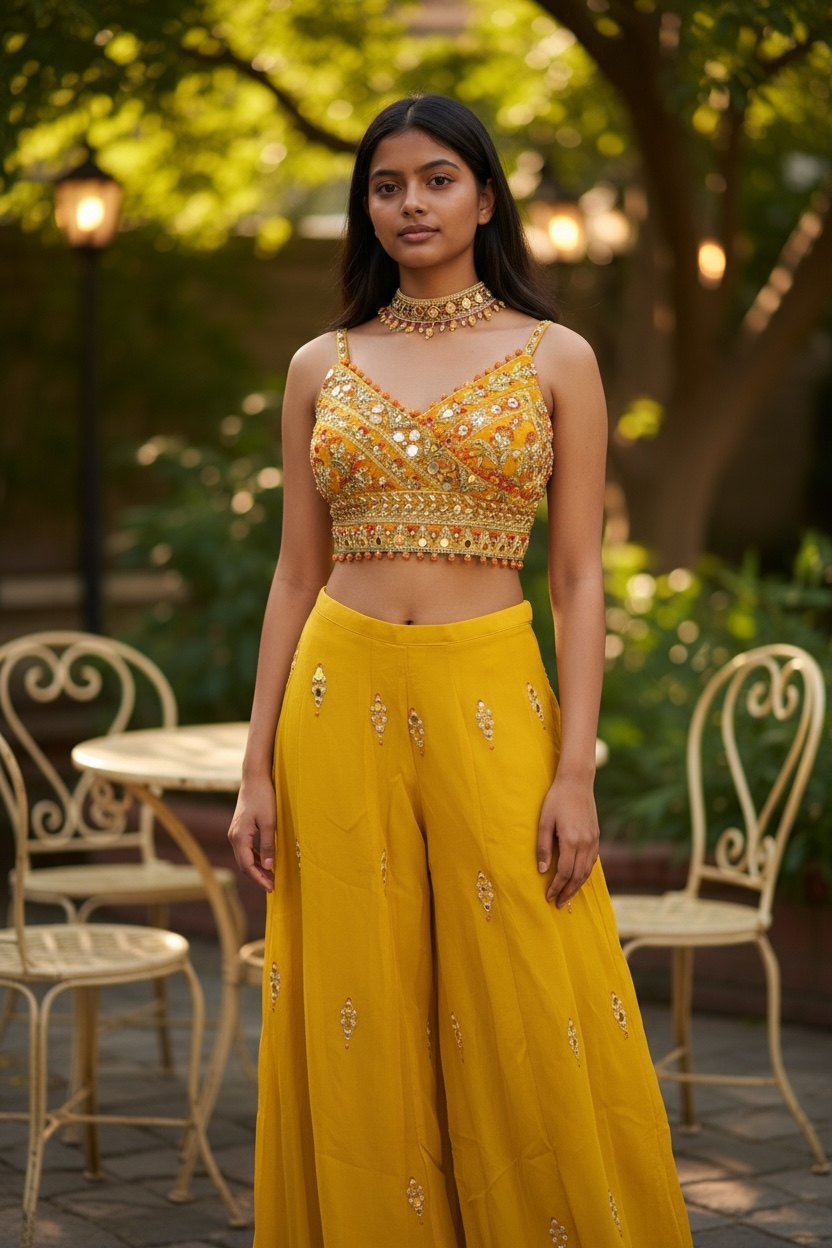 Haldi Yellow - Designer Ladies Short Top Palazzo Trousers Suit - Size 12 (38") - VMK POOJA CP
