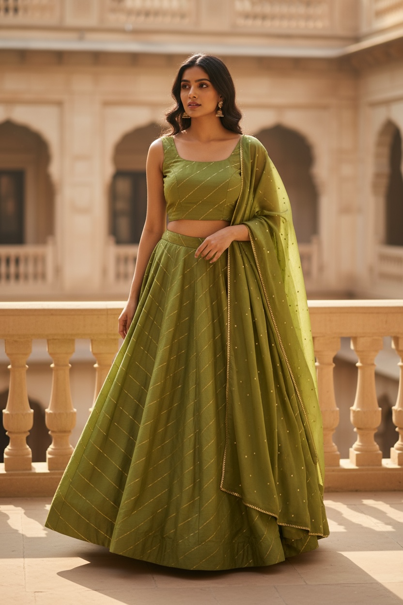 Light Green -  Dupion Silk Lehenga Set -  - Garba / Dandia , Mehndi / Sangeet / Weddings Size UK 12 (38" Bust) Adjustable to Size 14 - UK Stock - 24h Dispatch - AF2506 09TY25