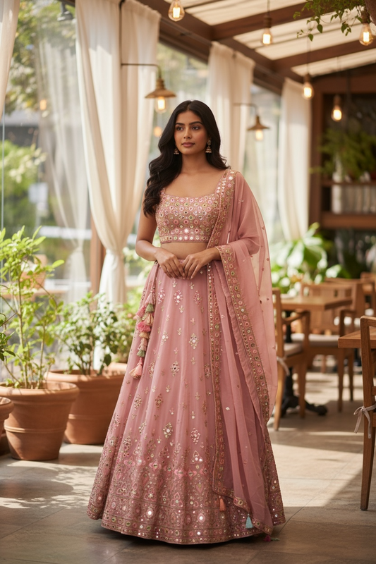 SALE - Baby Pink - Mirror Work Chiffon Designer Lehenga Set - UK Stock - 24h Dispatch - JaiSudha KYY 0124
