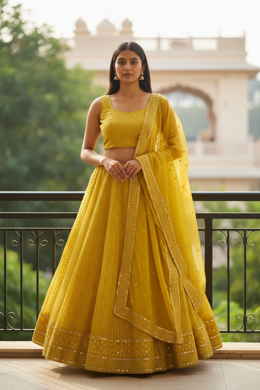 UK 12 / 38" Haldi Yellow Lucknow Chiffon Lehenga Set - UK Stock - 24h Dispatch - AF2330 TC 0623