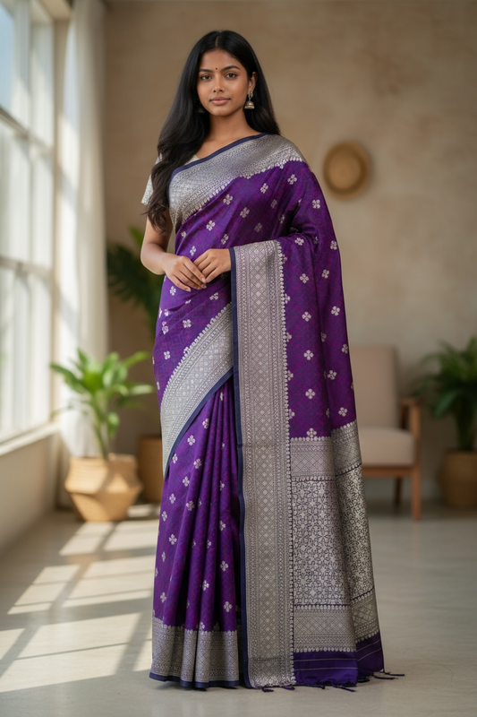 Purple - Traditional Handloom Banarasi Sari / Saree - with Blouse Piece - SN2405 11TP24