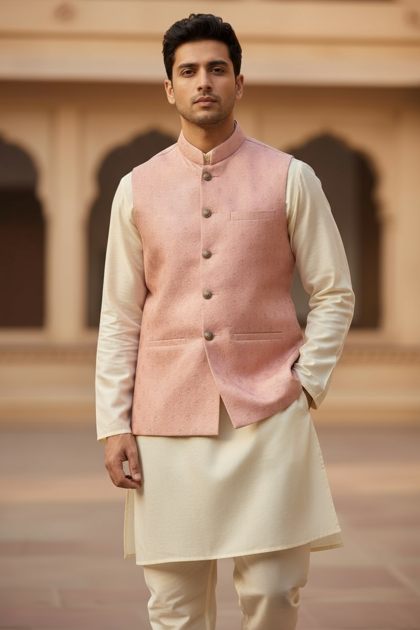 Pink - Banarasi Handloom Brocade Mens Waistcoat - UK Stock- Dispatch in 24 hrs - KCS241104 KK