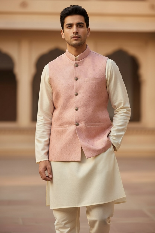 Pink - Banarasi Handloom Brocade Mens Waistcoat - UK Stock- Dispatch in 24 hrs - KCS241104 KK