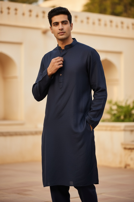 Navy Blue - Raw Silky Mens Indian Kurta set - Pair with a waistcoat or wear under Sherwanis - Weddings / Walimas , Sangeet, Mehndi / Henna , Eid / Diwali - BS2504 01KV25