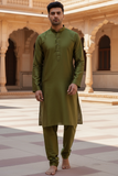 Henna Mehndi Green - Raw Silky Mens Indian Kurta set - Pair with a waistcoat or wear under Sherwanis - Weddings / Walimas , Sangeet, Mehndi / Henna , Eid / Diwali - BS2504 01KV25