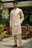 Leather Cotton Mens Indian Kurta set in Beige - for Sangeet, Mehndi, Eid Celebration (with smart trousers) - FILO 0822 KP