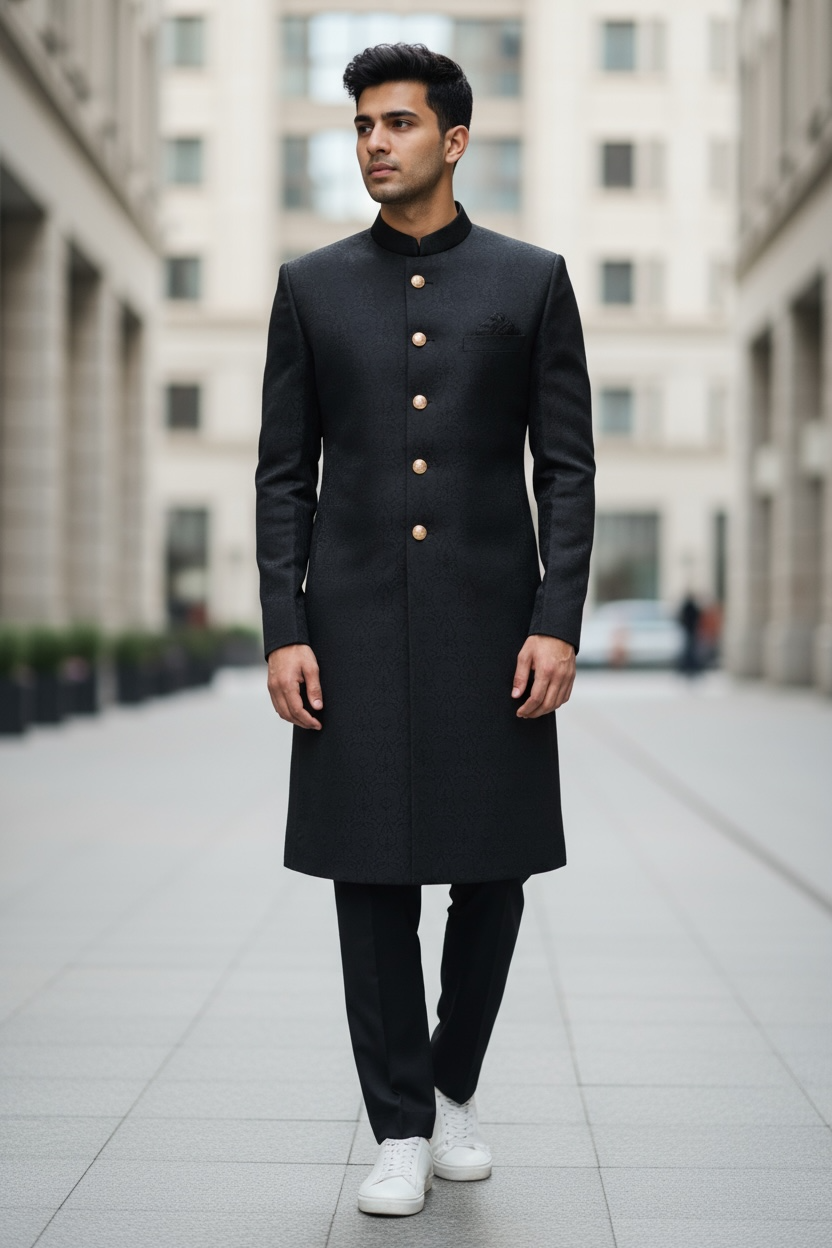 Black - Classic Self Brocade Sherwani with Gold Buttons -  BS786 JP 0823