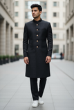Black - Classic Self Brocade Sherwani with Gold Buttons -  BS786 JP 0823