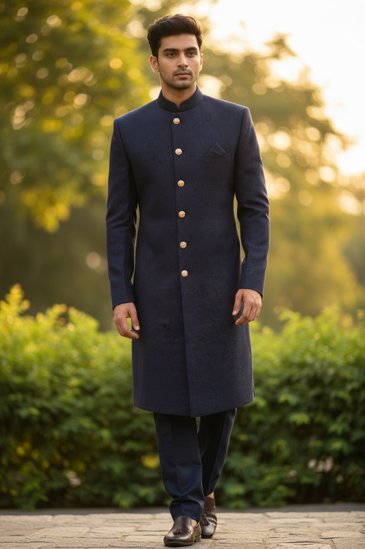 Navy Blue - Classic Self Brocade Sherwani with Gold Buttons -  BS786 JP 0823