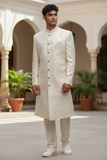 Cream - Classic Self Brocade Sherwani with Gold Buttons - XS, S, M, L, XL to XXXL BS786 JP 0823