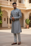 Grey - Classic Self Brocade Sherwani with Gold Buttons -  BS786 JP 0823