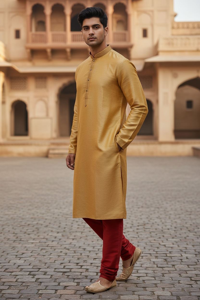 Bollywood Mens Kurta set - Gold Cream - Bollywood, Weddings, Fancy Dress - SNC8612 1018