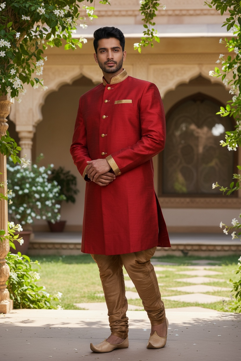 SALE!  Mens Red Blue Light Sherwani / Kurta set - Karbhari 04TK17