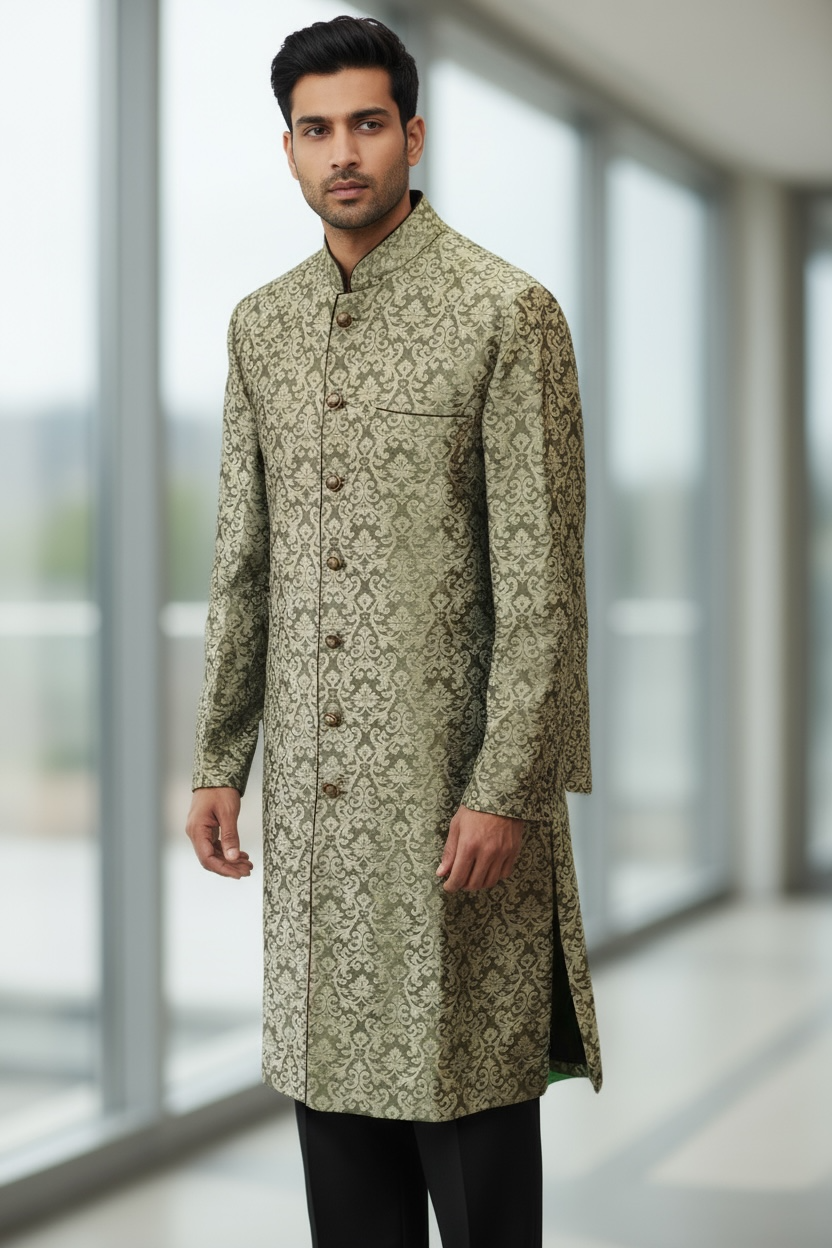 Mens Indian Light Sherwani set in Black / Silver Brocade for weddings, Bollywood Party ( with Draw stringed trousers) - DD180801JV