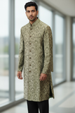 Mens Indian Light Sherwani set in Black / Silver Brocade for weddings, Bollywood Party ( with Draw stringed trousers) - DD180801JV