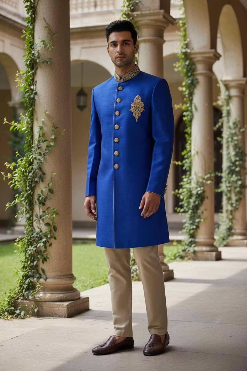 Mens Raw Silk Royal Blue Brocade Sherwani - VL1907 AA1119