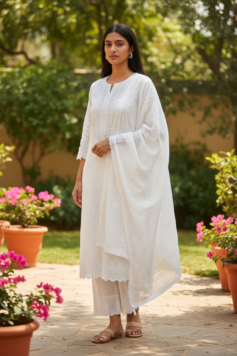 XS to XXXL - White - Cotton Ladies Salwar Kameez with Chiffon Dupatta - Elbow Length Sleeves - Funeral  / Church KTC250401 KR