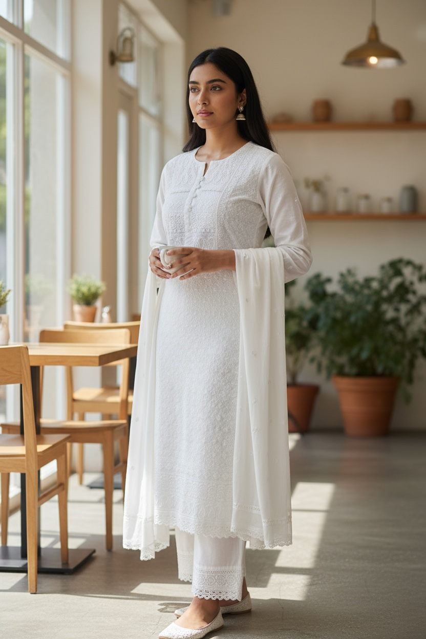 XS to XXXL - White - Cotton Ladies Salwar Kameez with Chiffon Dupatta - Elbow Length Sleeves - Funeral  / Church KTC250401 KR