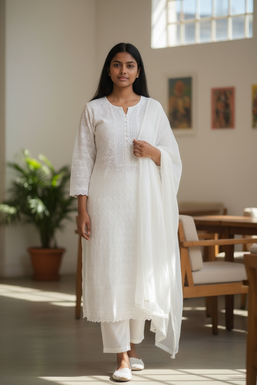 XS to XXXL - White - Cotton Ladies Salwar Kameez with Chiffon Dupatta - Elbow Length Sleeves - Funeral  / Church KTC250401 KR