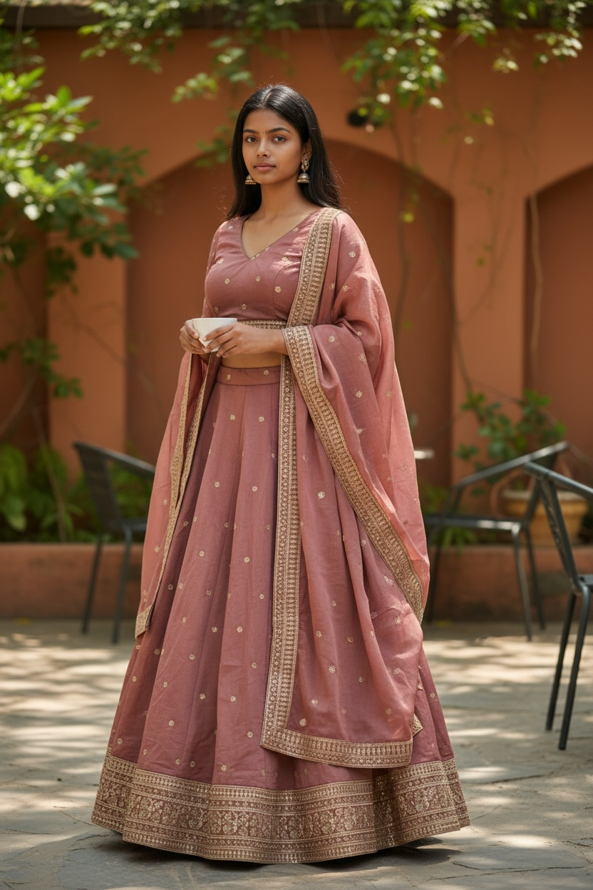 Dusty Pink - Dupion Silk Lehenga Set - Size UK 12 (38" Bust) Adjustable to Size 14 - UK Stock - 24h Dispatch - AF2507 09TA25