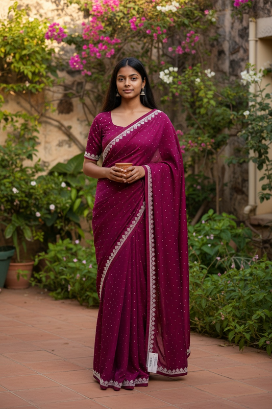 Magenta - Fancy Embroidered Saree with Blouse Piece - UK stock - 24hr Dispatch - SP250614 KC